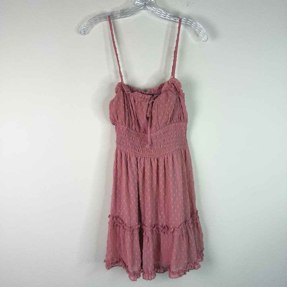 Trixxi Dress Womens Small Pink Fit & Flare Swiss Dot Smocked Ruffle Mini - Picture 1 of 6